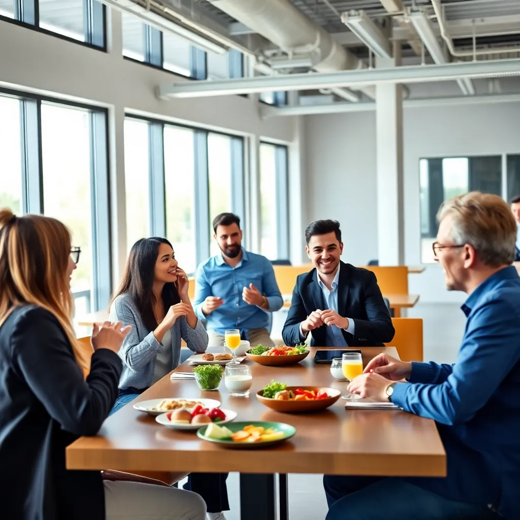 Groep collega's die samen lunchen in kantoorrestaurant